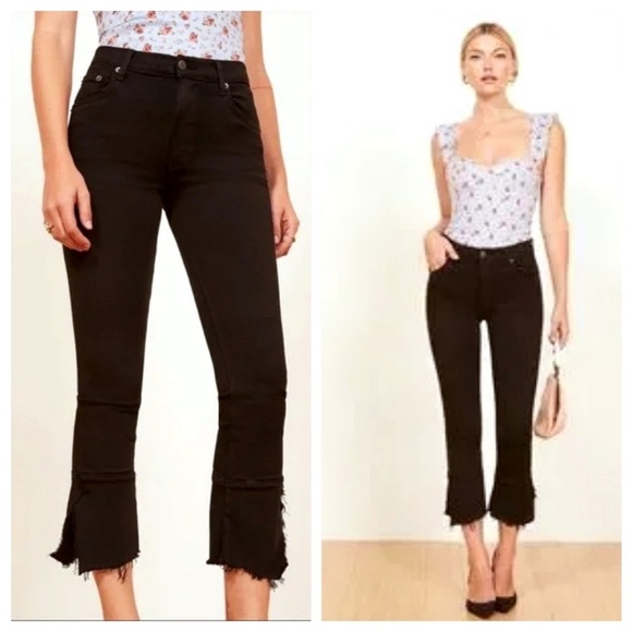 Reformation Black High Rise Distressed Raw Hem Crop Jagger Jeans 24 Puckered - Picture 1 of 14